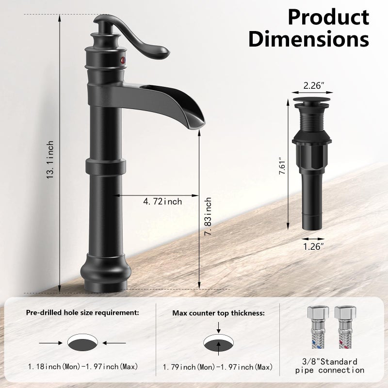 BATHLAVISH Vessel Sink Faucet, Matte Black Bathroom Waterfall Sink Faucet Tall Bathroom Single Handle 1 Hole Farmhouse with Pop Up Without Overflow Drain Lavatory - Image 3